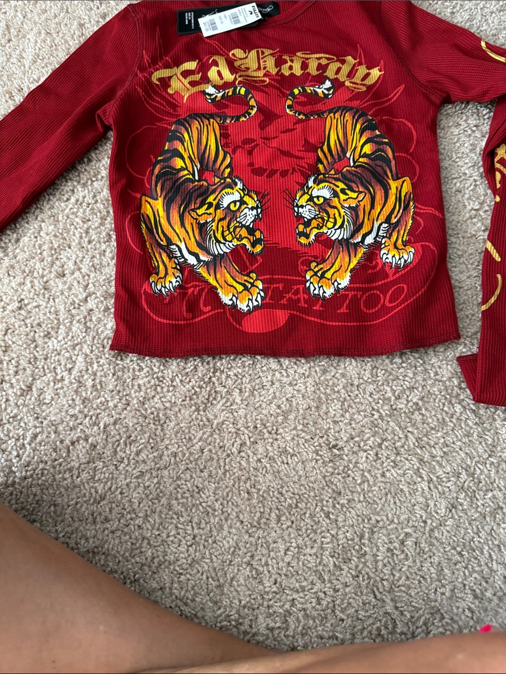 Ed Hardy Red Long Sleeve Tee with Twin Tiger Graphic